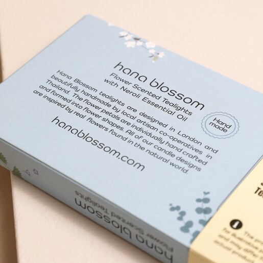 Information on Back of Hana Blossom Daisy Flower Scented Tealights Box