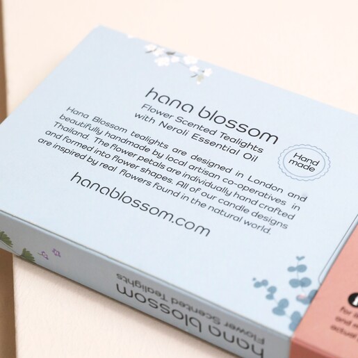 Information on Back of Hana Blossom Garden Flower Scented Tealights Box