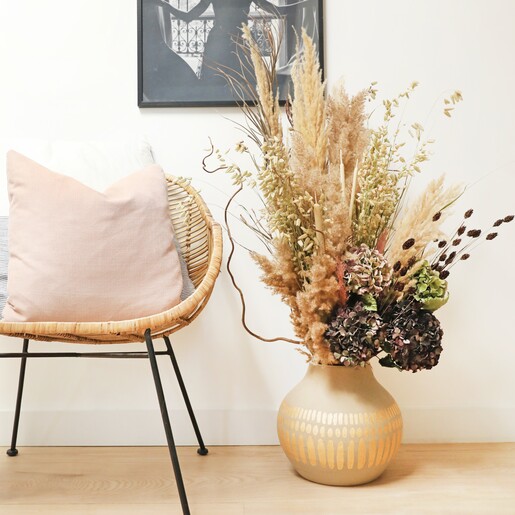 Large Round Hand-Painted Vase in Grey with Dried flowers inside with white background