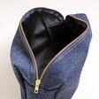 Harris Tweed 100% Wool Wash Bag in Navy open via zip fastening
