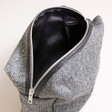 Harris Tweed 100% Wool Wash Bag in Grey open via zip fastening