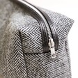 Close up of zip fastening on the Harris Tweed 100% Wool Wash Bag in Grey