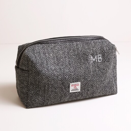 Grey Personalised Harris Tweed 100% Wool Wash Bag against white background