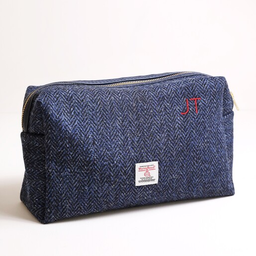 Navy Personalised Harris Tweed 100% Wool Wash Bag against white background