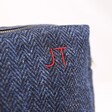 Close up of navy Personalised Harris Tweed 100% Wool Wash Bag with initials