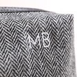 Close up of grey Personalised Harris Tweed 100% Wool Wash Bag with initials