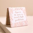 Pink Floral Goddess Compact Mirror on neutral background