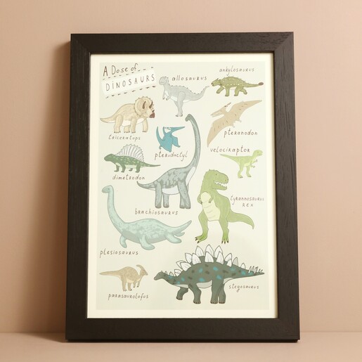 Dose of Dinosaurs A4 Framed Print against a natural coloured wall