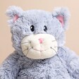 Close up of the smiley face on the Warmies Microwaveable Blue Cat Soft Toy