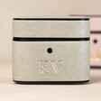 Close Up of Grey Personalised Initials Vegan Leather AirPods 3rd Generation Case with E V initials printed in silver foil