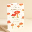 So Mushroom In My Heart Valentine's Day Card standing against beige coloured backdrop