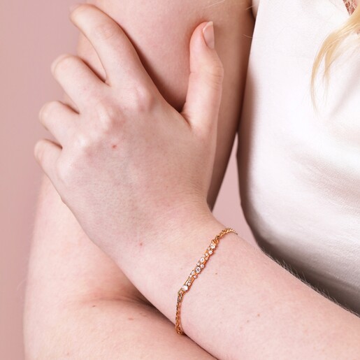 Crystal and Pearl Bar Bracelet in Gold on model with hand on arm