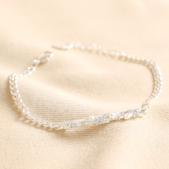 Crystal and Pearl Bar Bracelet in Silver
