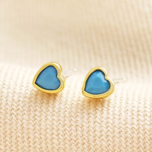 Blue Stone Heart Stud Earrings in Gold