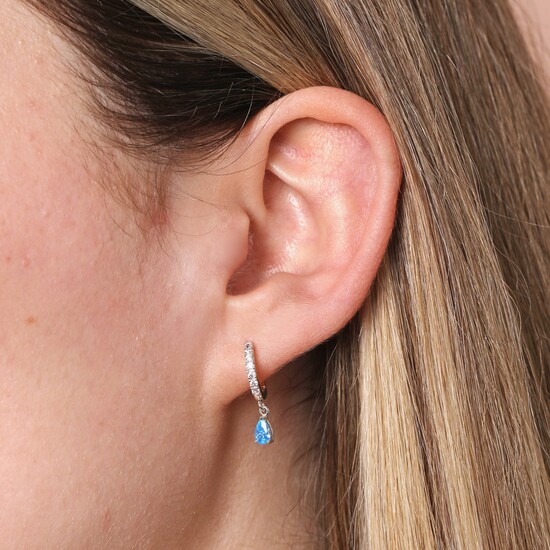 Blue Teardrop Crystal Huggie Hoop Earrings in Silver