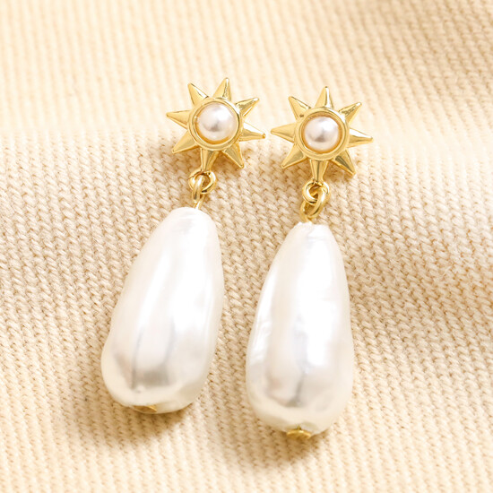 Sun and Pearl Drop Earrings in Gold