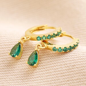 Green Crystal Huggie Hoop Earrings in Gold 