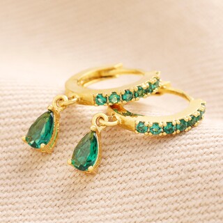 Green Crystal Huggie Hoop Earrings in Gold