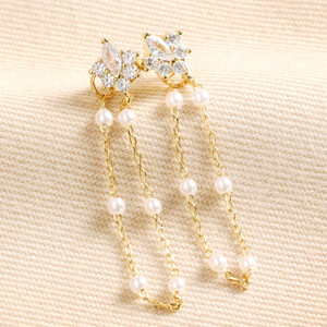 Flower Crystal Stud with Pearl Chain Earrings Gold