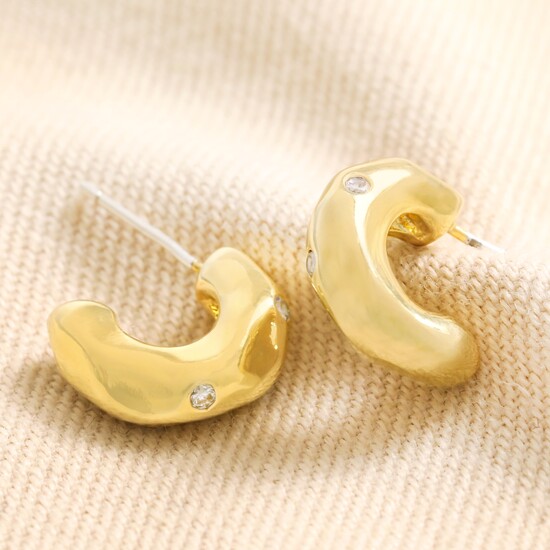 Small Crystal Hammered Half Hoop Earrings in Gold