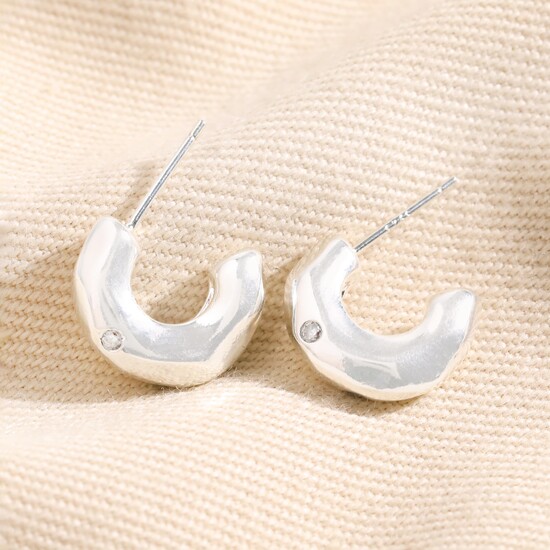 Small Crystal Hammered Half Hoop Earrings in Silver