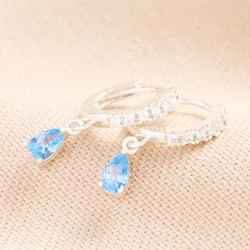 Blue Teardrop Crystal Huggie Hoop Earrings in Silver