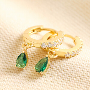 Green Teardrop Crystal Huggie Hoop Earrings in Gold