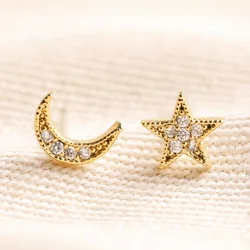 Moon and Star Crystal Stud Earrings in Gold