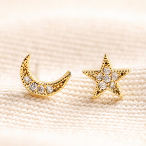 CZ Stone Moon and Star Gold Earrings