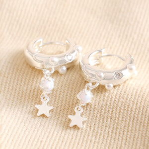 Pearl and Crystal Star Charm Huggie Hoop Earrings in Silver