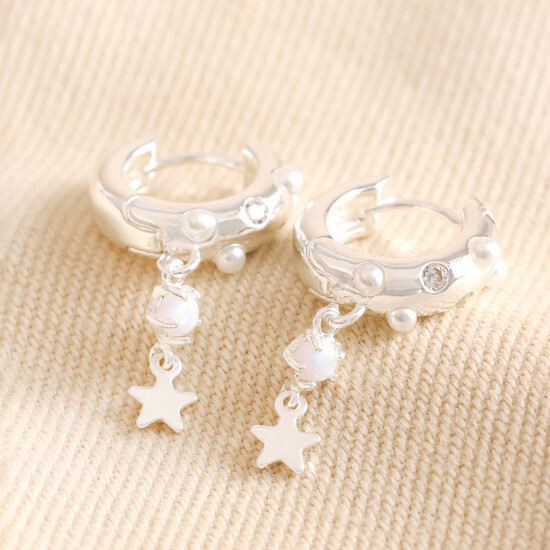 Pearl and Crystal Star Charm Huggie Hoop Earrings in Silver