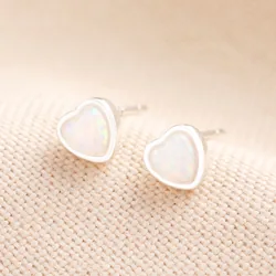 Sterling Silver Opal Heart Stud Earrings