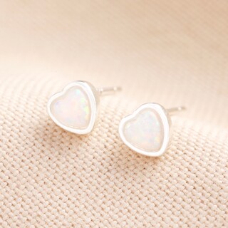 Sterling Silver Opal Heart Stud Earrings