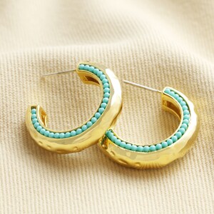 Teal Stone Hammered Hoop Earrings in Gold