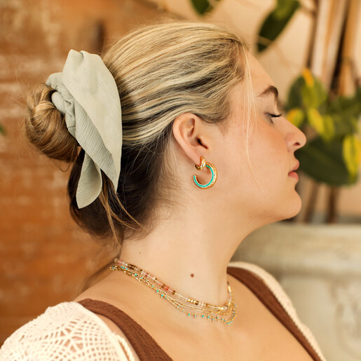 Teal Stone Hammered Hoop Earrings in Gold on Curated Model Look