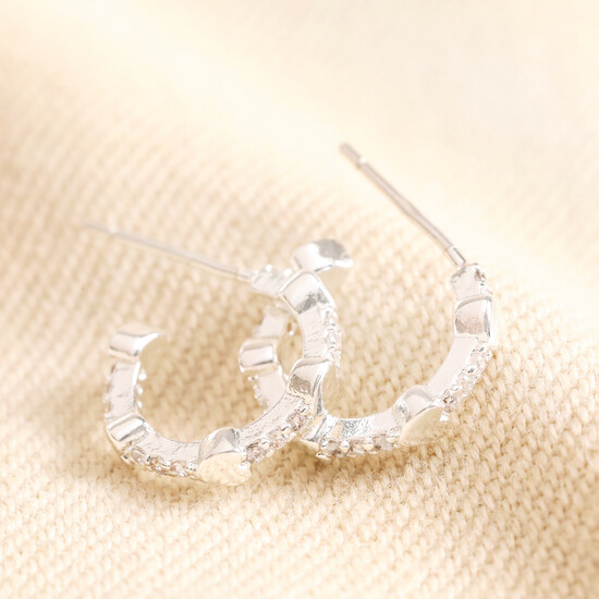 Tiny Heart and Crystal Huggie Hoop Earrings in Silver