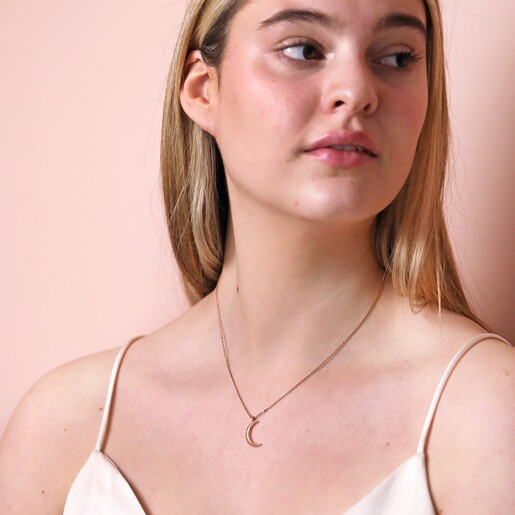 On Model Crescent Moon Pendant Necklace Rose Gold on Model