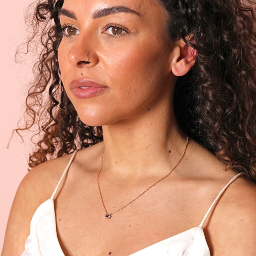 Necklace on Model Blue Crystal Pendant Necklace in Gold on Model