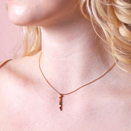 Close up of Colourful Gemstone Bar Pendant Necklace in Gold on model