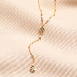 Shell Moon and Star Lariat Necklace in Gold