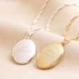 Personalised Oval Locket Necklaces in gold and silver against beige fabric