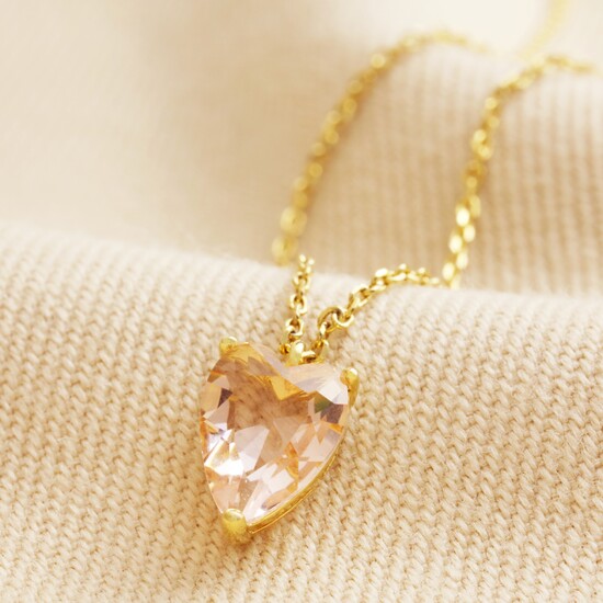 Pink Faceted Crystal Heart Pendant Necklace in Gold