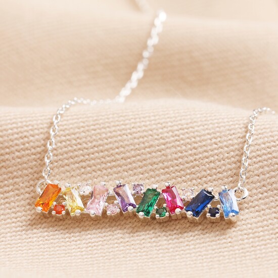 Rainbow Baguette Crystal Bar Necklace in Silver