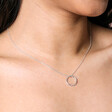 Close Up of Hammered Circle Pendant Necklace in Silver on Model