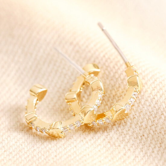 Tiny Heart and Crystal Huggie Hoop Earrings in Gold