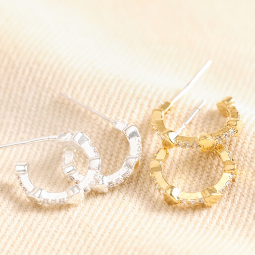 Silver Also Available  Tiny Heart and Crystal Huggie Hoop Earrings in Gold with Silver Version Also Available