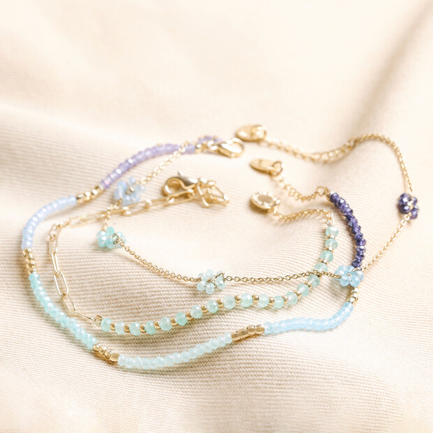 Big Metal London Set of 3 Blue Beaded Bracelets in Gold