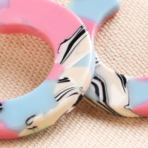 Close Up of Big Metal London Colourful Marble Resin Hoop Earrings 