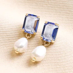 Big Metal London Blue Crystal and Pearl Drop Earrings in Gold