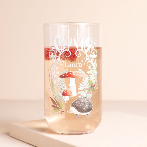 Personalised Woodland Highball Glass with liquid inside against beige backdrop